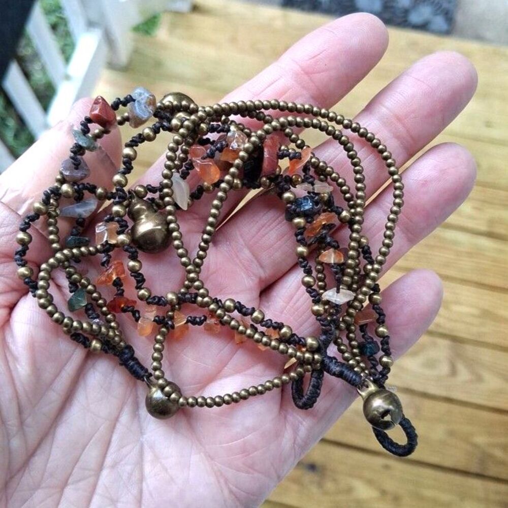 460 Boho Set of 2 Chime Bell Bracelets Semi Precious Stones Beads & Metal